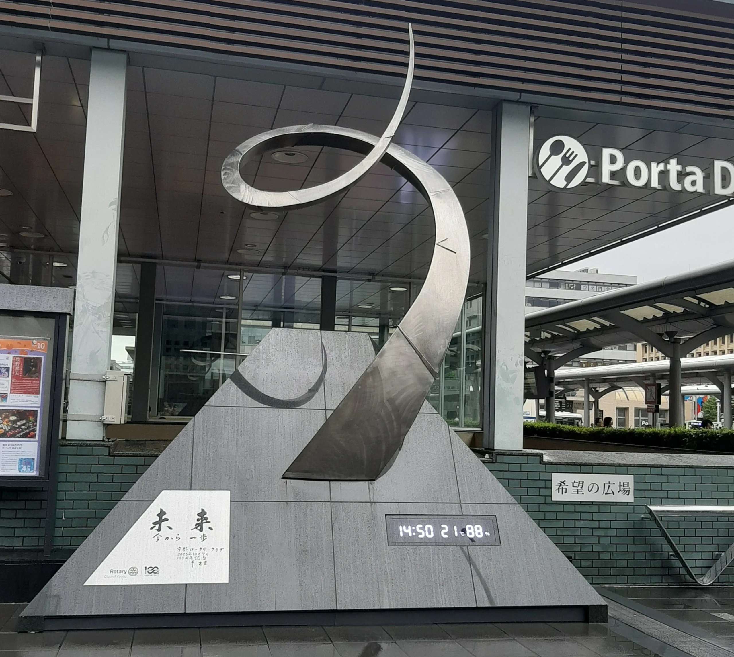 京都駅前モニュメント時計・温度計・湿度計の写真